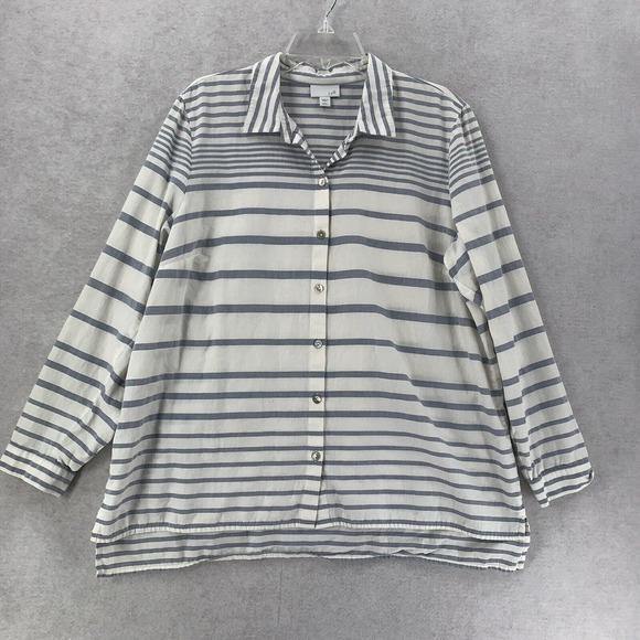 J Jill Love Cotton Long Sleeve Blouse Button Shirt Top Size 8 Blue‎ Striped LP - Picture 1 of 9